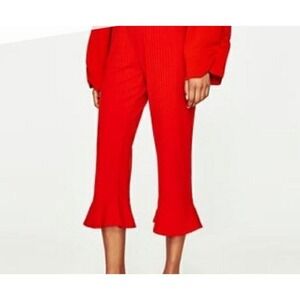 zara trafaluc Ruffle Capris red boho ruffle ribbed elastic waistband spring